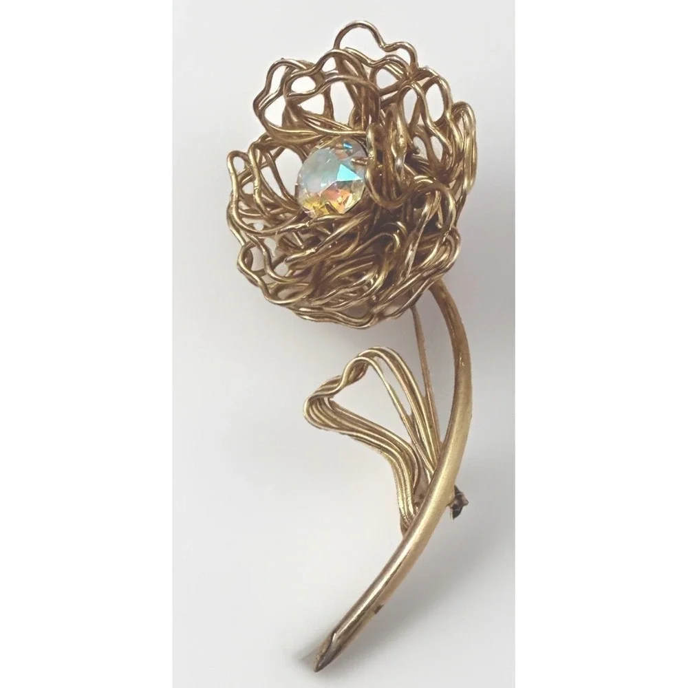 Vintage Brooch MCM Flower Heart Aurora Borealis Rhinestone Fashion Gold Large 3